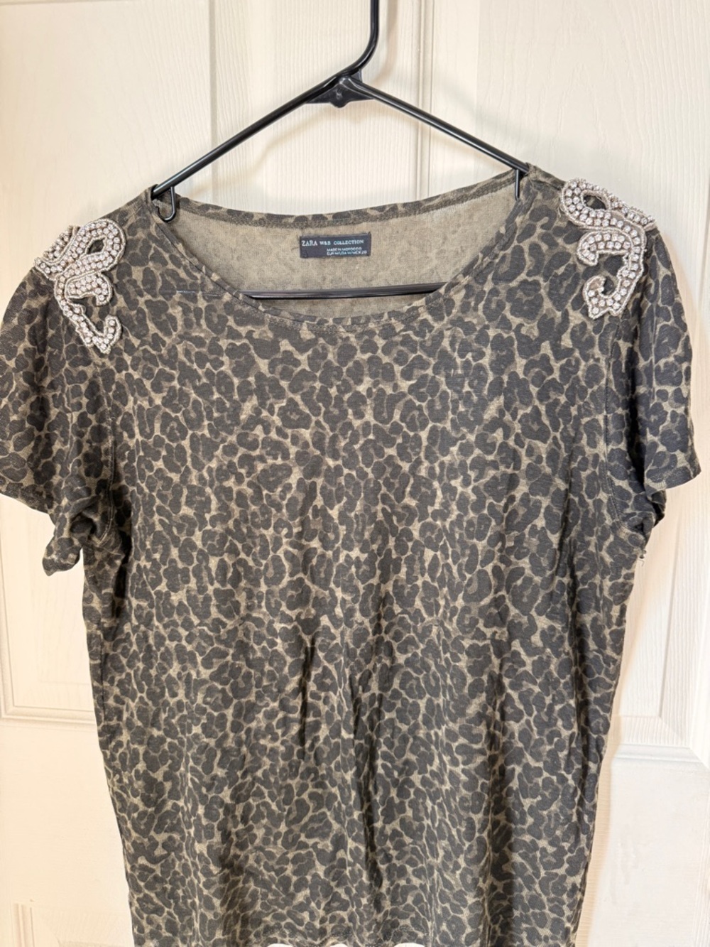 Zara Taupe and Gray Leopard Short Sleeve Top with Beaded Shoulder Embellishments